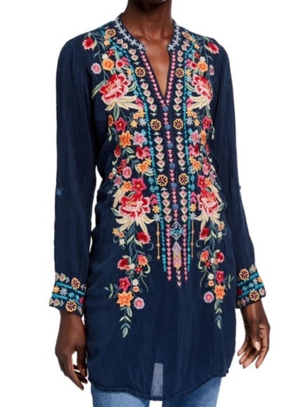Johnny Was Annette Embroidered Floral Bastille Blue Boho Cottage Tunic Blouse